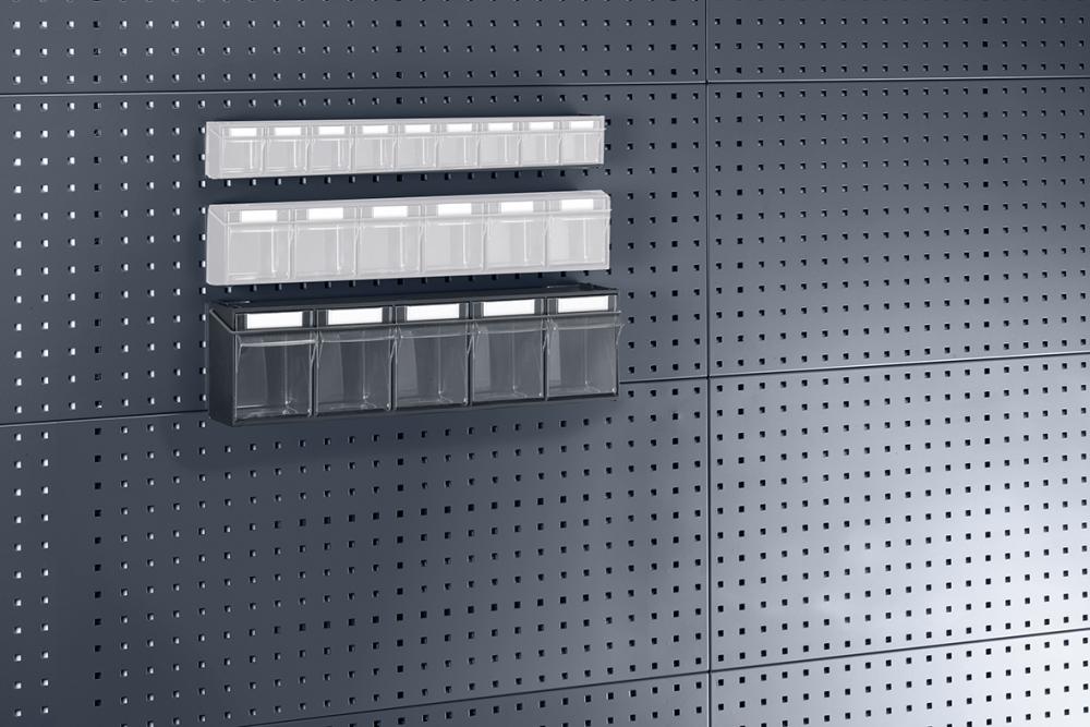 Klarsichtmagazin B600xT142xH168 mm mit 5 Kästen für Lochplatten