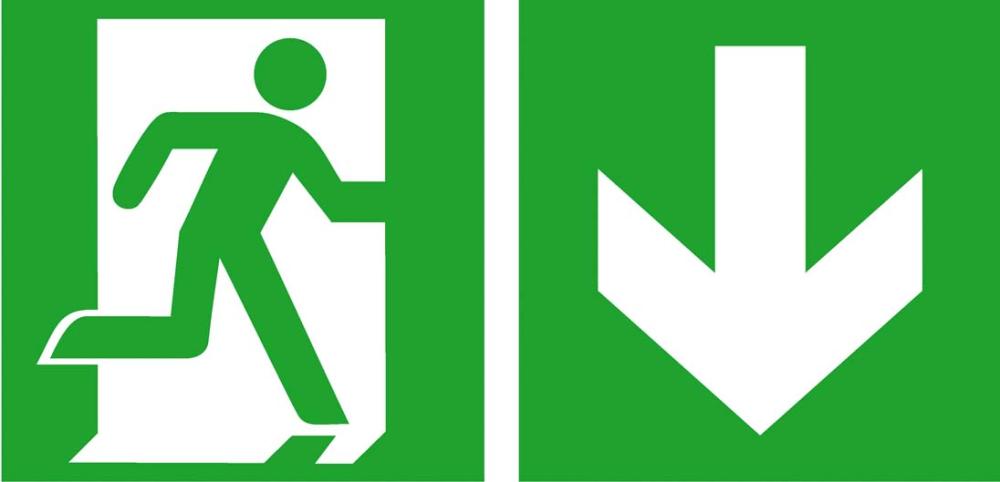 Fluchtwegschild Alu B400xH200 mm Notausgang rechts mit Pfeil abwärts langnachleuchtend