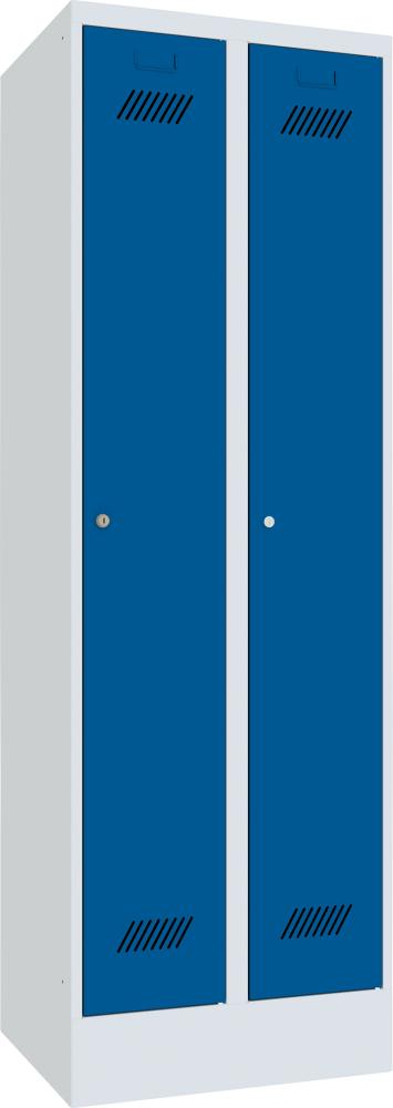 Kleiderschrank m. Sockel 2 Abteile, 300mm Zy.Schloss RAL 7035/5010 B600xT500xH1850mm