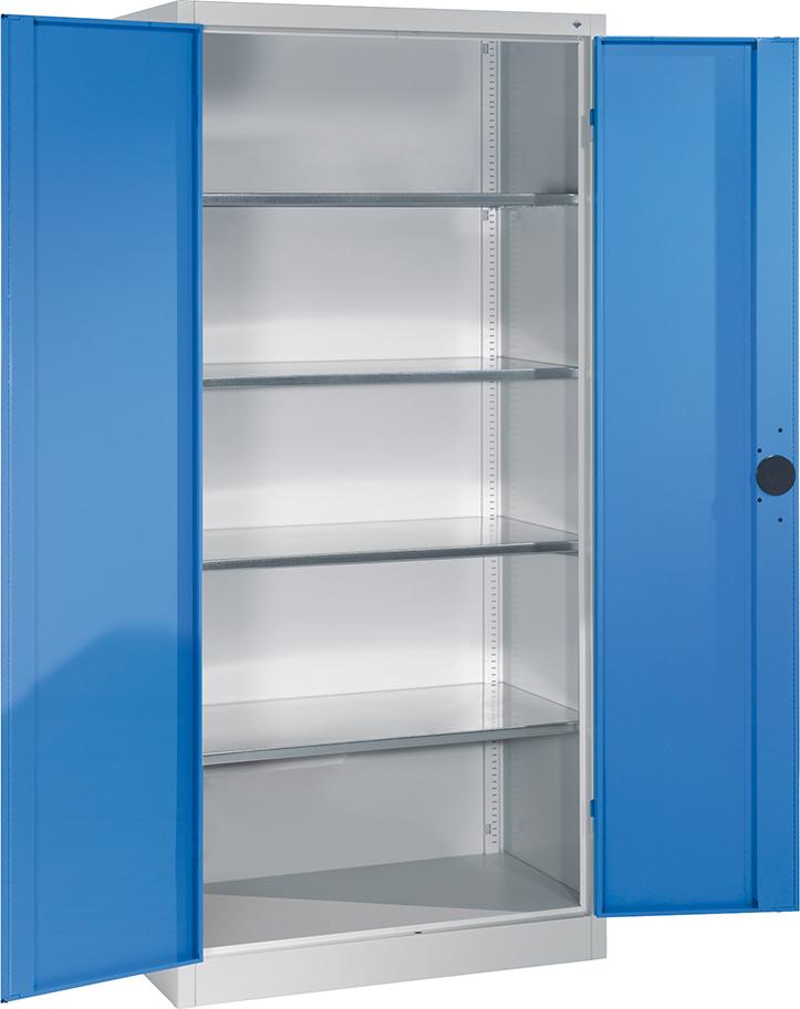Schwerlastschrank m.TürenB930xT500xH1950 mm RAL 7035/5012,4Fachböden Tragkraft 110kg