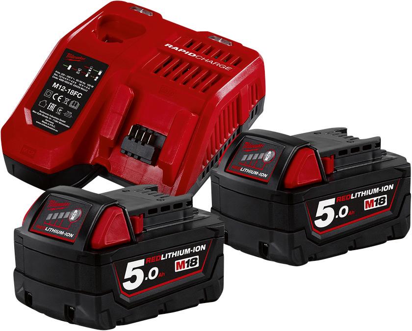Akku-Starter Set M18 NRG-502 Milwaukee 2x18,0 V 5,0 Ah Ladegerät M12-18FC Karton