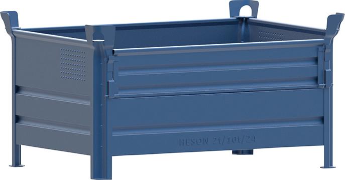 Stapelbehälter RAL5010 B1200xT800xH600 mm Nutzlast 2t Auflast 10t mit 1/2 Klappe