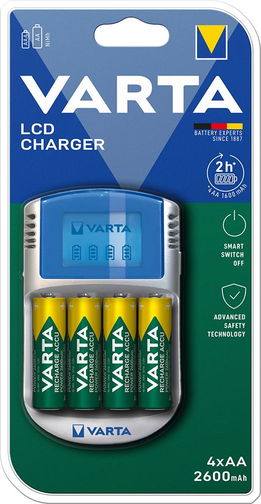 Ladegerät LCD Charger für4 Akkus AA/AAA mit 4Akkus AA 2600mAh, Adapter12VKabel USB VARTA