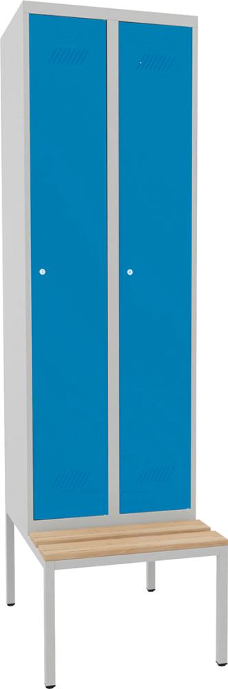 Kleiderschrank m. Bank 2 Abteile, 300mm Zy.Schloss RAL 7035/5012 B600xT500xH2150mm