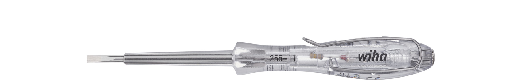 Wiha Spannungsprüfer SoftFinish® einpolig, 110 - 250 Volt Schlitz transparent, mit Ansteckclip 3,0 mm (34745)