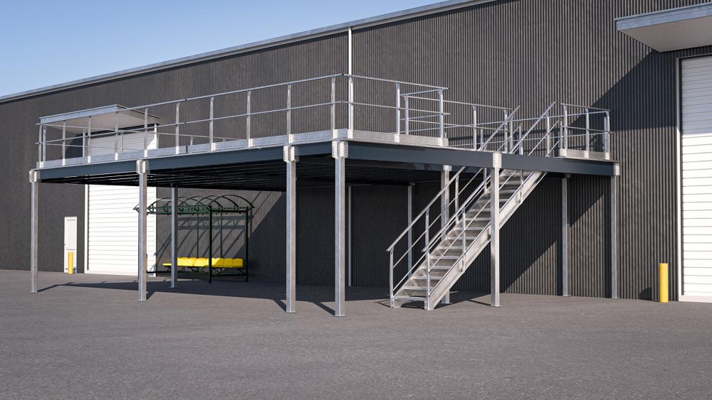 Lagerbühne Mezzastair B4000 x T4000 x H3000mm Traglast 350kg/m2 mit Treppe und Geländer