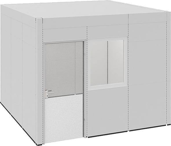 Raumkabine mit wacoTür 1 Fenster, RAL 7035/9010 B3230xT3230xH2610mm LED Deckenelemente VSG
