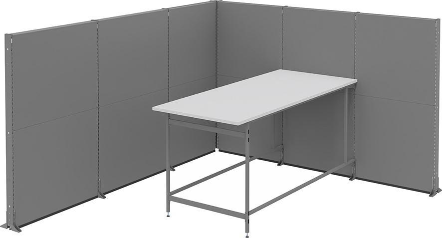 Stellwand Meeting Point B3630xT3130xH2110mm RAL 7037 Tisch B2500xT1070xH1200