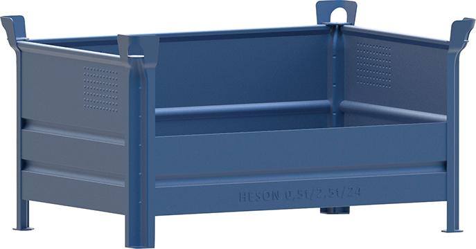 Stapelbehälter RAL5010 B1200xT800xH600 mm Nutzlast0,5t Auflast2,5t 1 Längsseite halb hoch