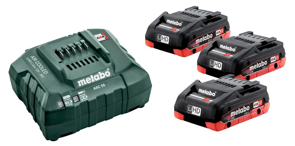 Akku-Starter Set LiHD 18,0 V 3 x 4,0 Ah Metabo Ladegerät ASC 55 Karton
