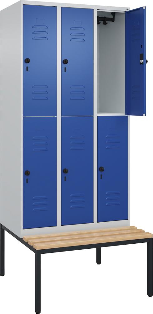 Doppelst. Schrank CLASSICB900xT500xH2120 mm RAL 7035/5010, 3x2Abteilemit untergeb. Sitzbank