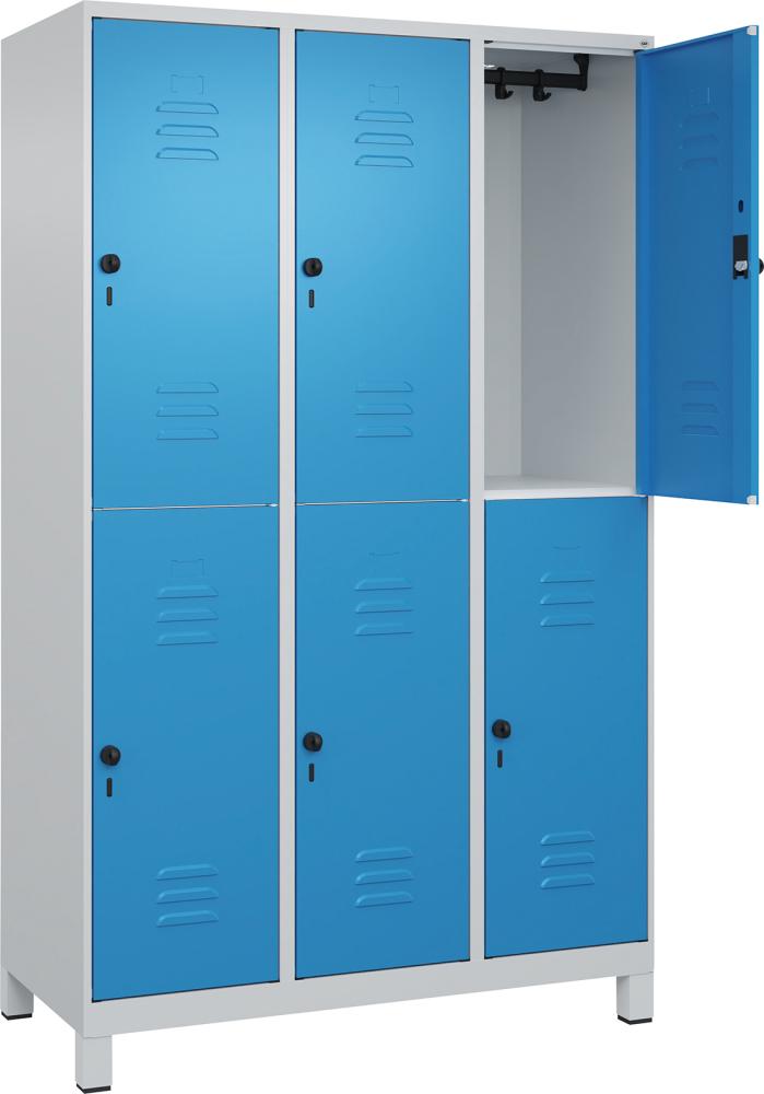 Doppelst. Schrank CLASSICB1200xT500xH1950 mm RAL 7035/5012, 3x2Abteilemit 100 mm hohen Füßen